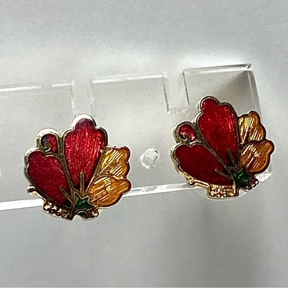 Cloisonné Earrings Flower Gold Tone Red Yellow Vintage - Picture 1 of 11